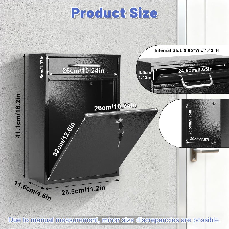 KYODOLED Steel Key Lock Mail Boxes Outdoor, Locking Wall Mount Mailbox, Security Lock Drop Box, Collection Boxes for Home, Office or Commercial,16.2H x 11.2L x 4.6W Inches, Black X Large - Image 3